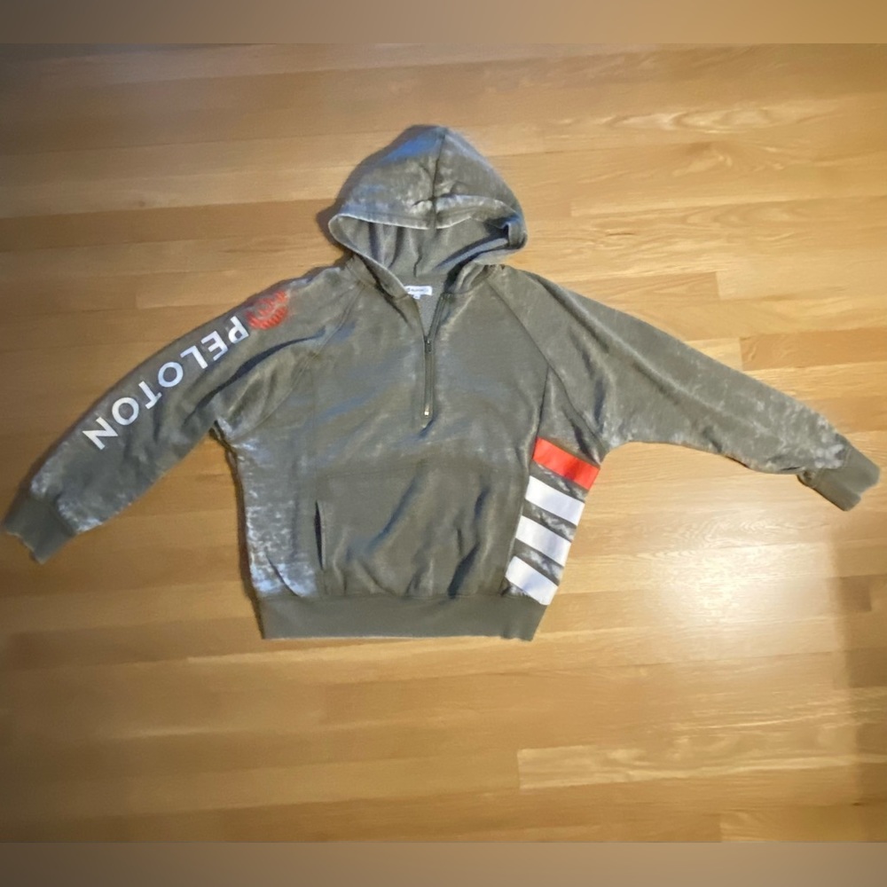 Peloton Womens 1/4 Zip Hoodie Khaki Green Distressed/Sleeve Logo w Stripes / L